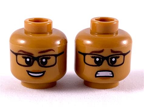 Two lego heads wearing glasses, one with a curious expression the other with an anxious expression